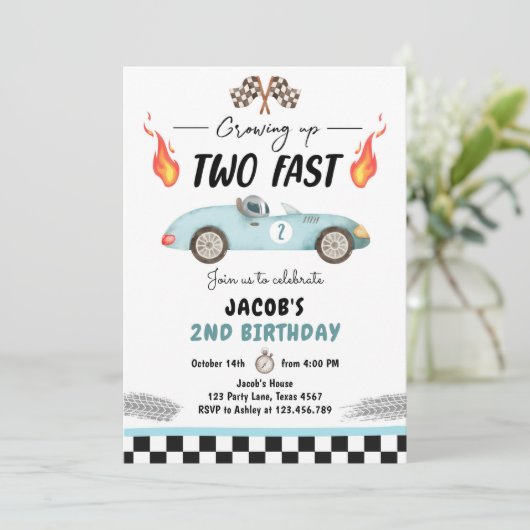 Zweite Fast Birthday Party Rennen Auto 2. Geburtst Einladung (Stehend Vorderseite)