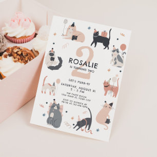 Zweiter Geburtstag Mädchen Rosa Katze  Einladung