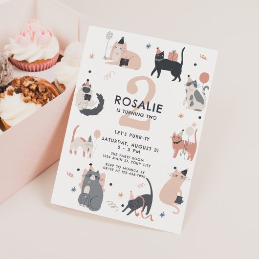 Zweiter Geburtstag Mädchen Rosa Katze Einladung