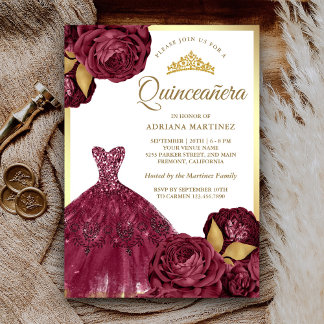 Zwergbraun Burgund Floral Gold Quinceanera Einladung