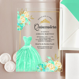 Zwergbraun-grüne Blütengoldquinceanera Acryleinladungen