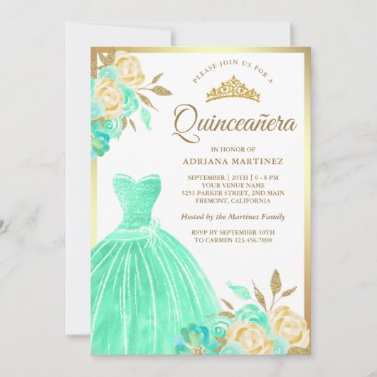 Zwergbraun-grüne Blütengoldquinceanera Einladung (Vorderseite)