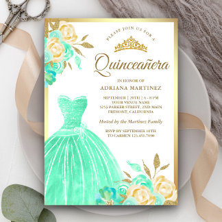 Zwergbraun-grüne Blütengoldquinceanera Einladung