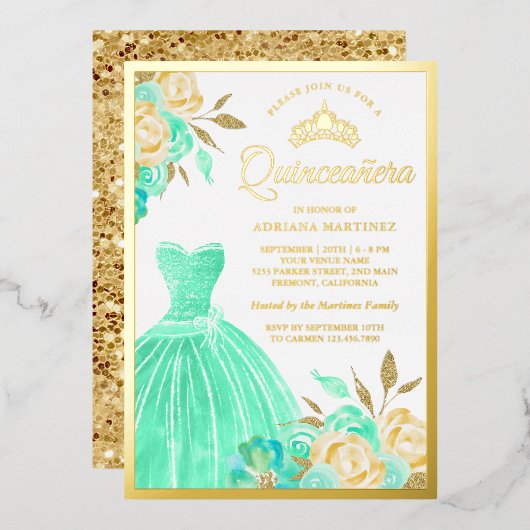 Zwergbraut-grüne Blumenzwiebeln Gold Folieneinladung (Vorderseite/Rückseite)