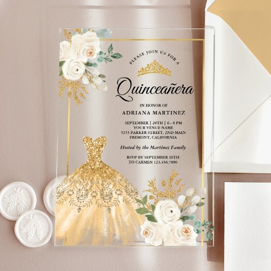 Zwerggarn Elfenbeinblume Gold Quinceanera Acryleinladungen