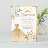 Zwerggarn Elfenbeinblume Gold Quinceanera Einladung (Stehend Vorderseite)