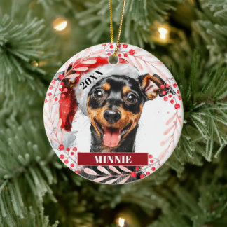 Zwergpinscher im Weihnachtsmann-Hut Weihnachtsbaum Keramik Ornament