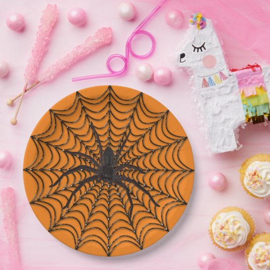 Zwergspinner-Netz und Schwarzer-Spinne-Halloween Pappteller (Party)