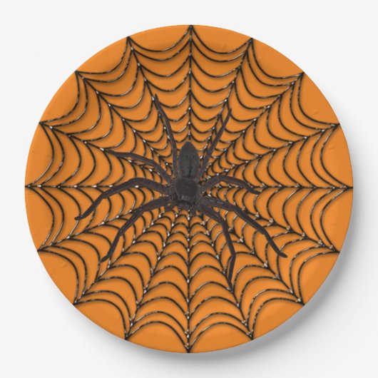 Zwergspinner-Netz und Schwarzer-Spinne-Halloween Pappteller (Vorderseite)