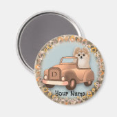Zwergspitz Hund fährt Auto Magnet (Vorderseite/Rückseite)