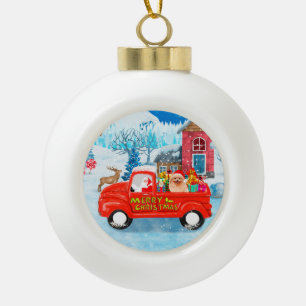 Zwergspitz-Hund-Weihnachtslieferwagen-Schnee Keramik Kugel-Ornament
