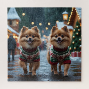 Zwergspitz-Hunde Weihnachten Schnee Feiertag Puzzle