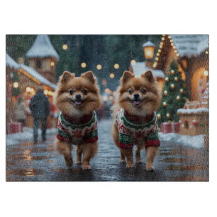 Zwergspitz-Hunde Weihnachten Schnee Feiertag Schneidebrett