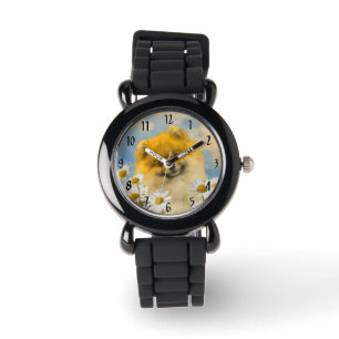 Zwergspitz in Gänseblümchen Malerei - Originale Hu Armbanduhr