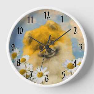 Zwergspitz in Gänseblümchen Malerei - Originale Hu Uhr