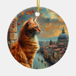 Zwielicht in Venedig Rote Katze an einem Kanal Keramik Ornament
