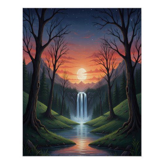 Zwielicht Wasserfall: Eine friedliche Waldlandscha Poster (Vorderseite)