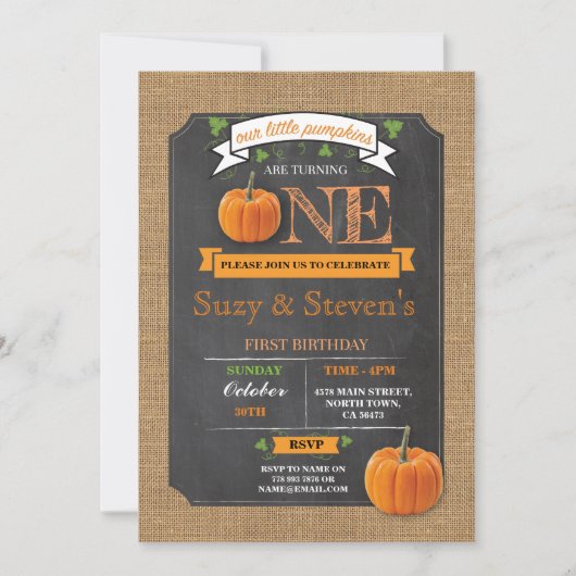 Zwilins Pumpkin 1. Geburtstagsparty Einladung (Vorderseite)