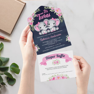 Zwilling Mädchen Rosa Blumen Elefant Navy Babypart All In One Einladung