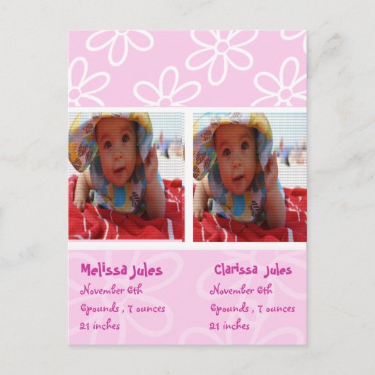 Zwillinge Ankündigung von Fotokarten für Mädchen (Vorderseite)