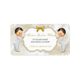 Zwillinge Babyjungen Taufe Christening Gold Weiß Adressaufkleber