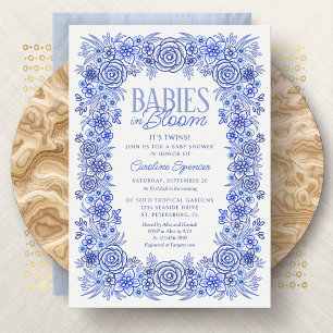 Zwillinge Babys in Blüte Blaue Florale Babyparty-E Einladung