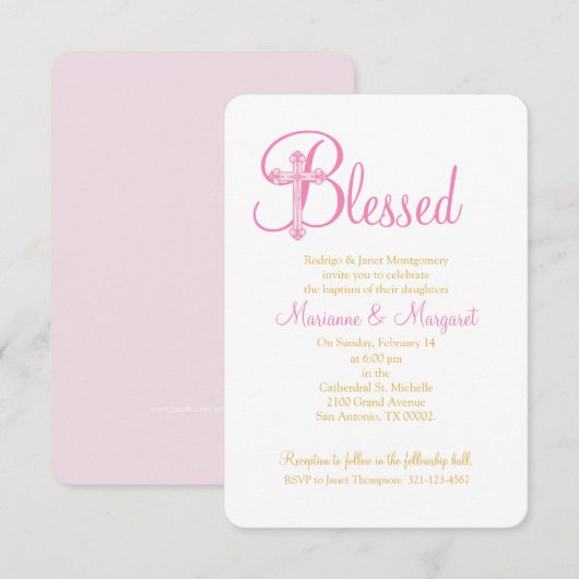 Zwillinge CHRISTENING oder BAPTISM rosa Goldkreuz Einladung (Vorne/Hinten)