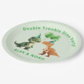 Zwillinge Dinosaurier Geburtstag Papier Teller Dop (Schrägansicht)