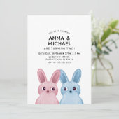 Zwillinge Geburtstag mit blauen und rosa Kaninchen Einladung (Stehend Vorderseite)
