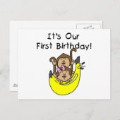 Zwillinge - Junge und Mädchen Affe 1. Geburtstag Postkarte (Vorne/Hinten)