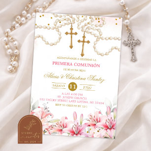 Zwillinge Mädchen Rosa Lilie Floral Rosenkranz Ers Einladung