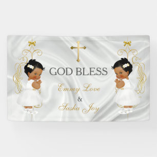 Zwillinge Mädchen Taufe Christening Gold Ethnisch Banner