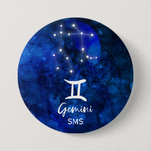 Zwillinge Zodiac Sternbild Blau Galaxie Monogramm Button