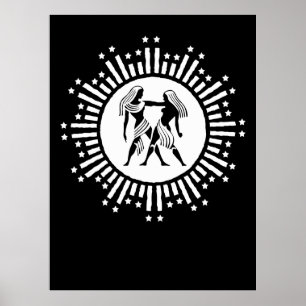 Zwillinge-Zodiaksymbol mit Sternen Schwarz und Wei Poster