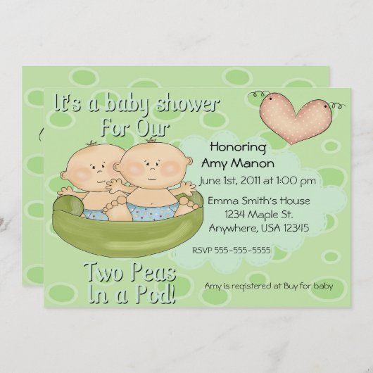 Zwillinge zwei Erbsen in einer Hülsen-Babyparty Einladung (Vorne/Hinten)