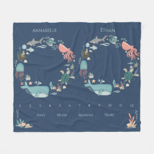 Zwillings-Baby-Meilenstein Blau Unterwasser-Tiere Fleecedecke