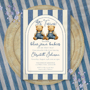 Zwillings-Baby-Party mit Teddybär in Blue Jeans Einladung