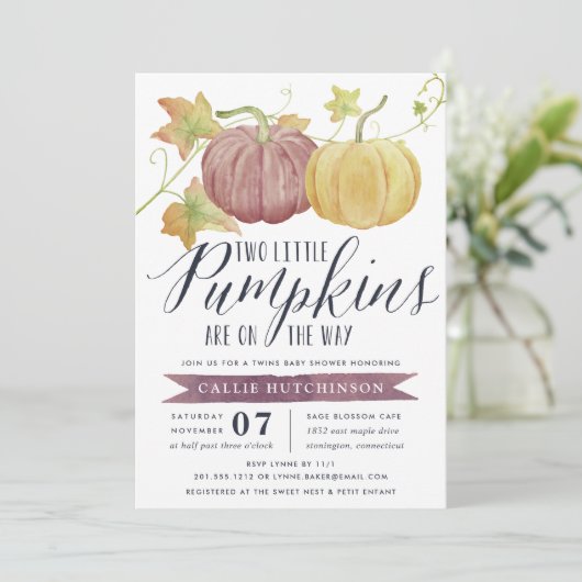 Zwillings-Babyparty des Herbst-Kürbis-| Einladung (Stehend Vorderseite)