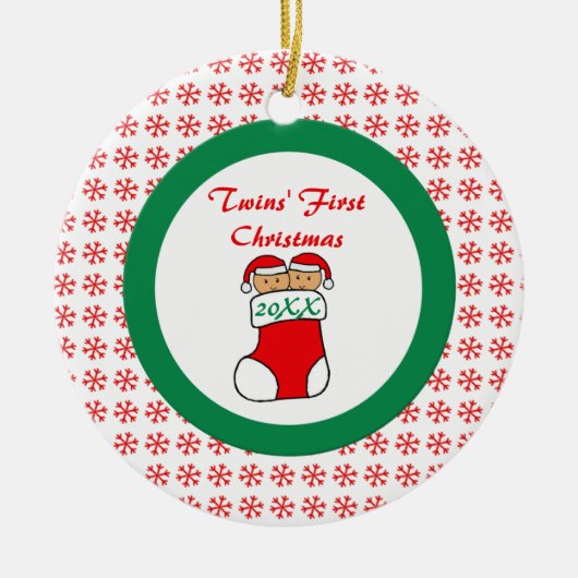 Zwillings-erste WeihnachtsStrumpf-Verzierung Keramik Ornament (Vorne)