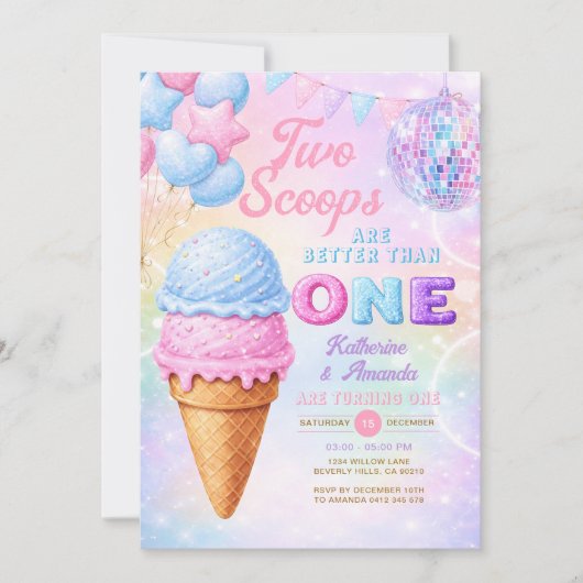 Zwillings-Glitter-Pastell-Regenbogen-Eis-Geburtsta Einladung (Vorderseite)