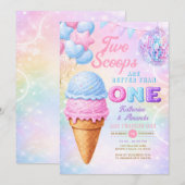 Zwillings-Glitter-Pastell-Regenbogen-Eis-Geburtsta Einladung (Vorne/Hinten)
