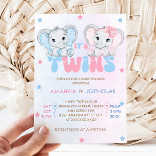 Zwillings-Junge-Mädchen-Elefanten-Baby-Party Einladung