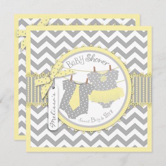 Zwillings-Krawattetutu-Zickzack Baby-Dusche Einladung (Vorne/Hinten)