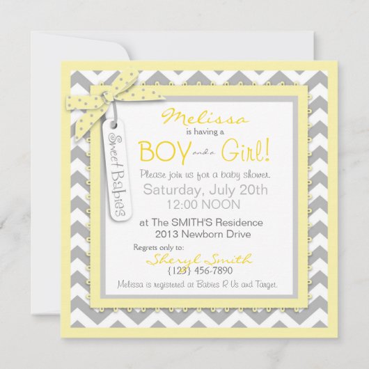Zwillings-Krawattetutu-Zickzack Baby-Dusche Einladung (Rückseite)