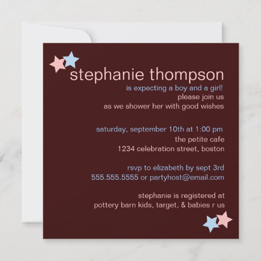 Zwillings-rosa blaues Brown-Babyparty Einladung (Rückseite)