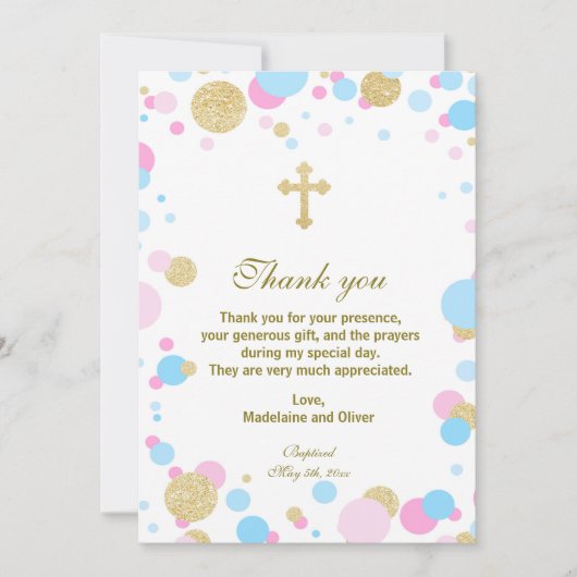 Zwillings-Taufe-Kommunion danken Ihnen, rosa Blau Dankeskarte (Vorderseite)