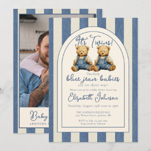 Zwillings-Teddybär-Foto-QR-Code-Junge-Baby-Party Einladung