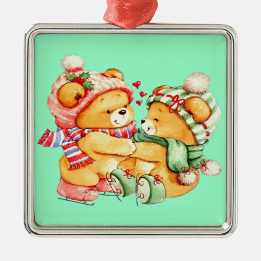 Zwillings-Teddybär-Weihnachtsverzierung Silbernes Ornament (Vorne)