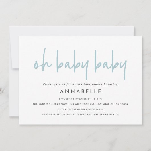 Zwillingsbabwdusche Blau moderne Typografie einfac Einladung (Vorderseite)