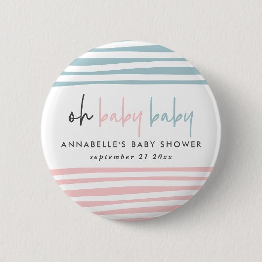 Zwillingsbaby-Dusche Rosa Blau Moderne Typografie Button (Vorderseite)
